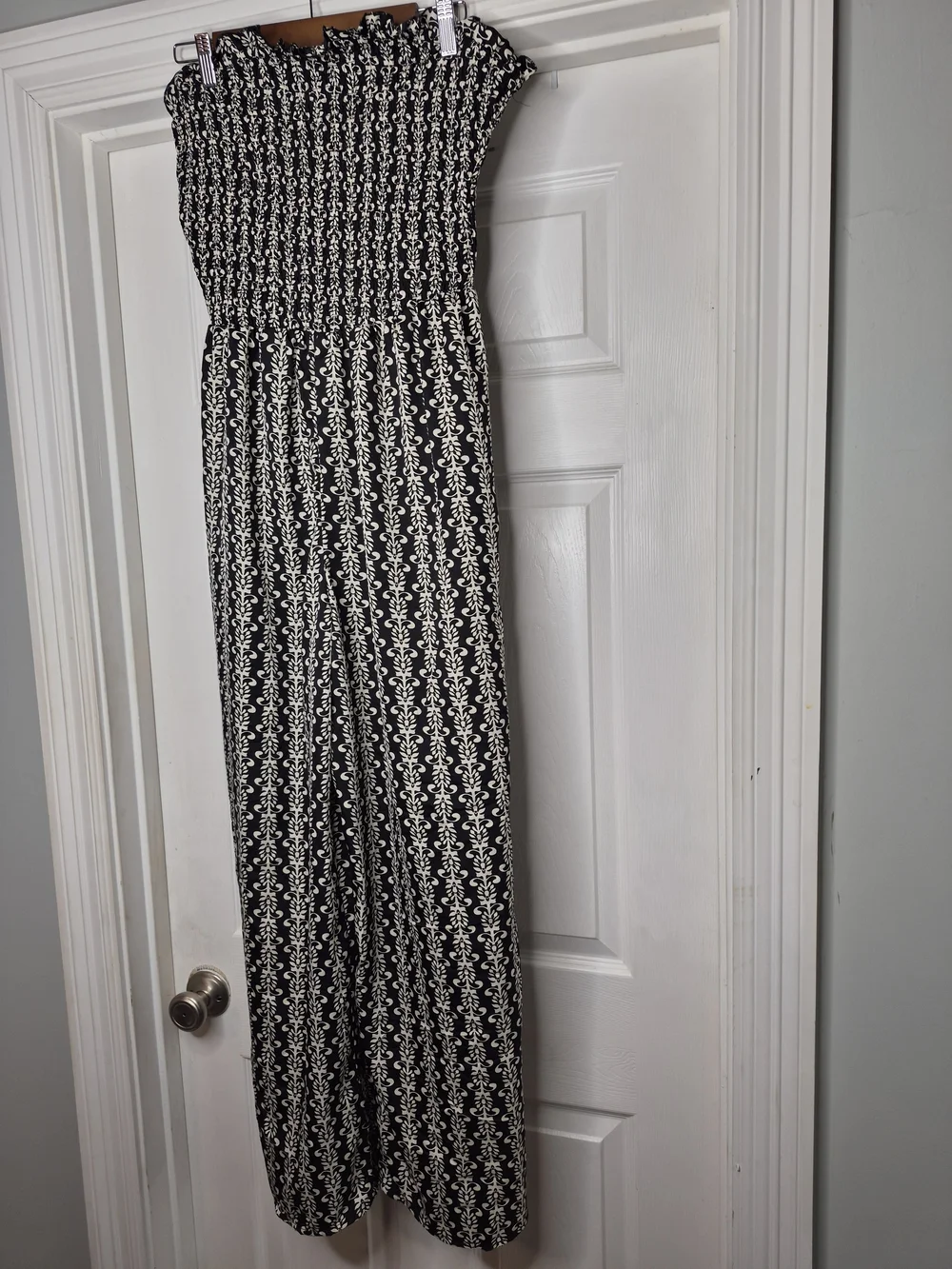 Hint Of Blush Black Strapless Smocked Wide-Leg Jumpsuit with White Pattern XL NW
